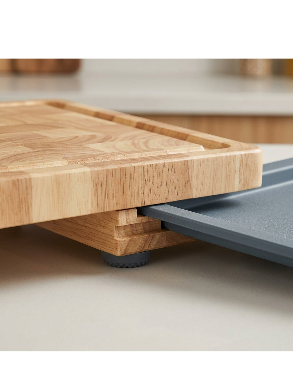 Kbvfa End-Grain Rubberwood Cutting Board with Two Trays 42 x 30 cm Natural Slate - Detail view