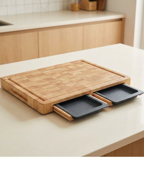 Kbvfa End-Grain Rubberwood Cutting Board with Two Trays 42 x 30 cm Natural Slate - Lifestyle view
